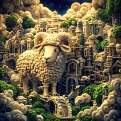 Sheep in a surreal setting, surrounded by dreamlike elements that create a fantastical and otherworldly atmosphere.