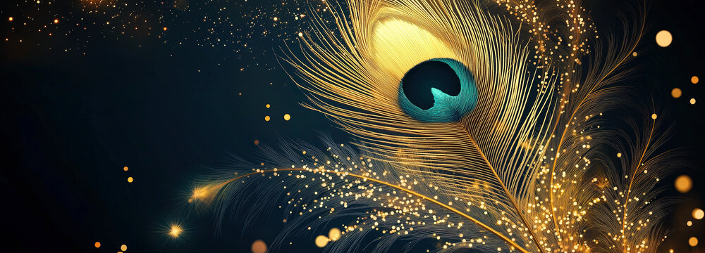 extravagant peacock tail feather on a dark background with golden particles