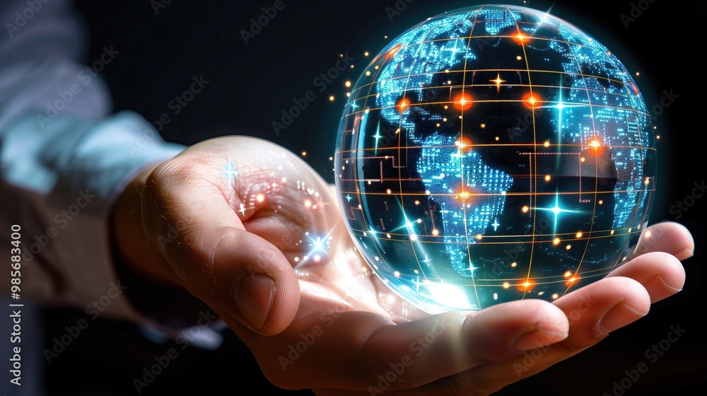 Poster A hand holding a digital globe with glowing connections and data points.