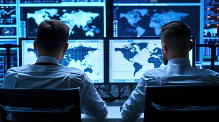 Two male analysts working in high tech control room with global data visualization