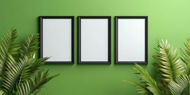 Three blank frames hang on a green wall, ready for your art or designs, surrounded by leafy plants.