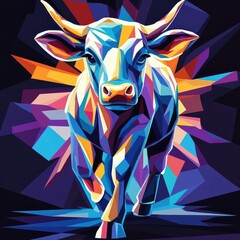Fototapeta premium Cow in a stylized 3D illustration, featuring modern geometric shapes and bold colors for a contemporary and artistic effect.