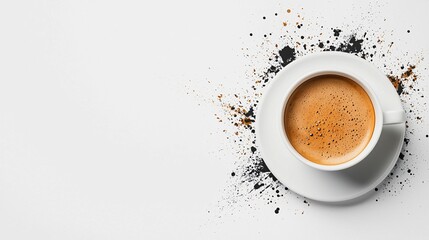 Top view of a coffee cup with frothy espresso, surrounded by abstract black and brown ink splatter patterns on a white background.