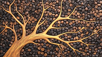 Fototapeta premium Creative coffee tree branches formed with roasted coffee beans on a dark background, showcasing a natural and artistic design.
