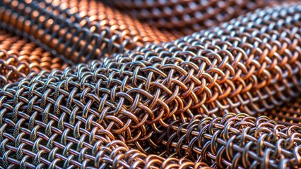 Chainmail-inspired fabric with interlocking rings, metallic texture, contemporary design, warm copper tones, copy space