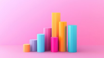 Colorful 3D bar chart on pink background.