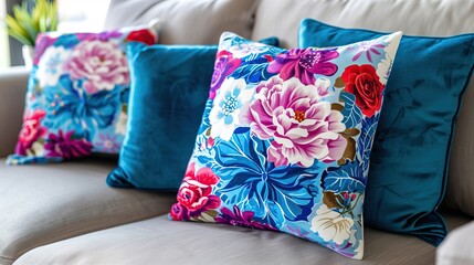 Colorful decorative pillows on cozy sofa in bright living room