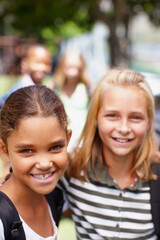 Portrait, knowledge and girl with friends at school for education, students and future development. Kids, learning and growth with children studying at STEM academy for class, montessori and youth