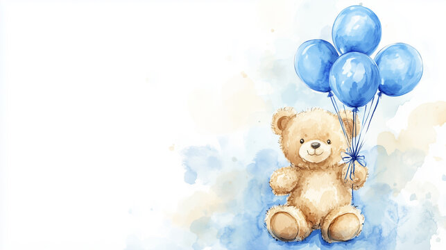 Naklejki A teddy bear is holding a bunch of blue balloons. The balloons are scattered around the bear, with some floating above it and others below it. Concept of joy and playfulness