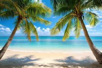 Serene tropical beach with swaying palm trees clear blue water