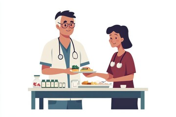 Illustration of a healthcare worker serving a nutritious meal to a patient in a hospital setting, highlighting food and care in medical environments.