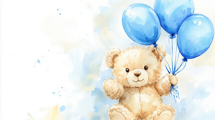 A teddy bear is holding a bunch of blue balloons. The balloons are scattered around the bear, with some floating above it and others below it. Concept of joy and playfulness