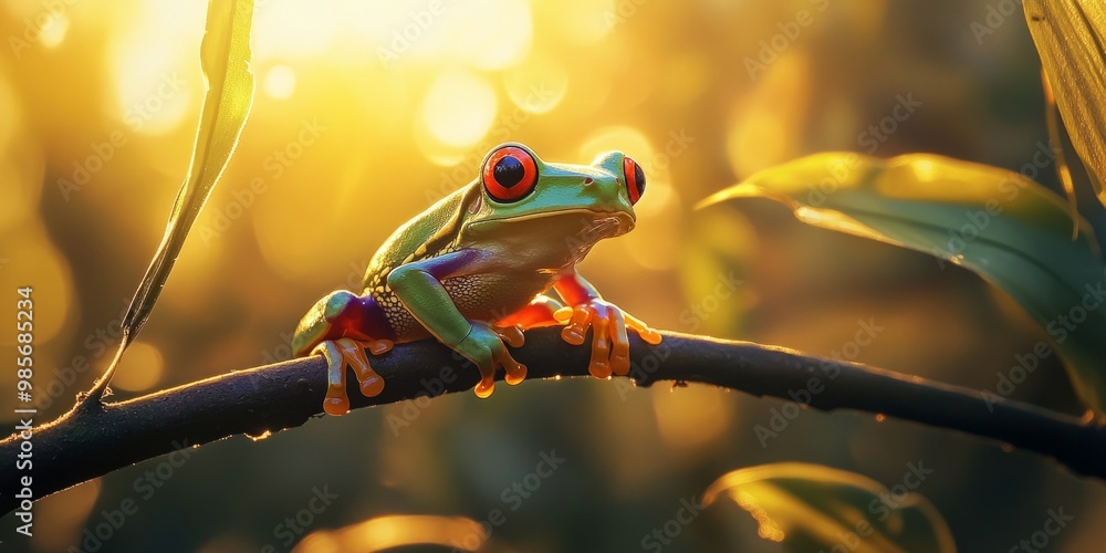 Sticker A colorful frog perched on a branch in the warm glow of sunset. This vibrant nature photography captures the essence of wildlife. Perfect for nature lovers, educators, and art enthusiasts. AI