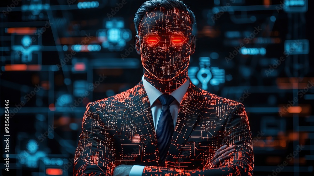 Poster abstract ai artificial intelligence businessmen male figure with digital interface against glowing t