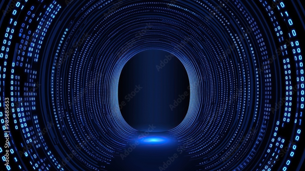 Poster glowing digital tunnel made of binary code 1 and 0 in blue tones technology background