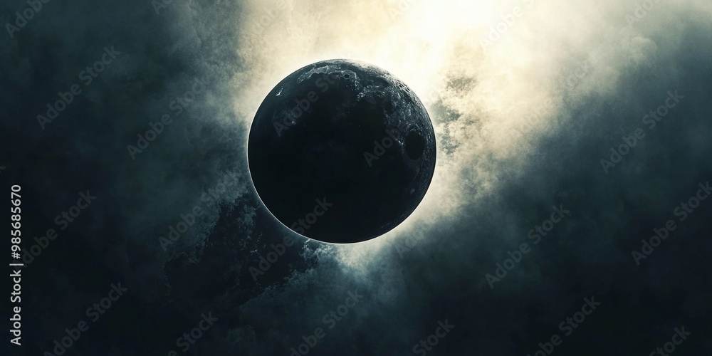 Poster a mysterious dark planet surrounded by swirling clouds and ethereal light. the image conveys a cosmi