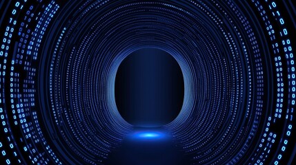 glowing digital tunnel made of binary code 1 and 0 in blue tones technology background