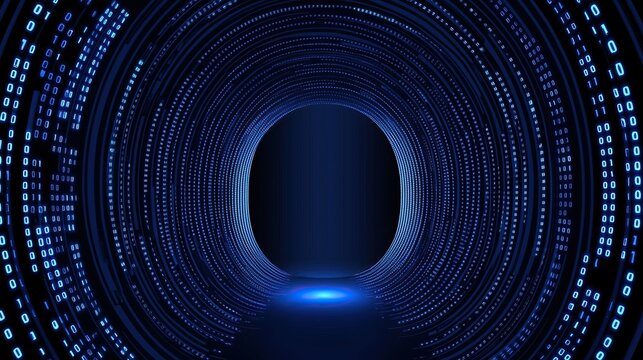 glowing digital tunnel made of binary code 1 and 0 in blue tones technology background