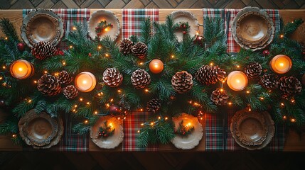 Overhead view of a Christmas table in rustic elegance, plaid tablecloth, pinecones, and twinkling fairy lights, candles glowing softly, warm wooden textures, festive and inviting atmosphere,