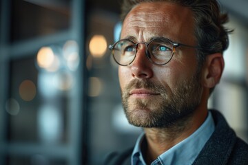 Pensive businessman wearing glasses looking away in thought
