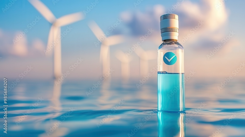 Poster Sustainable Energy - Blue Bottle with Windmills in Background.