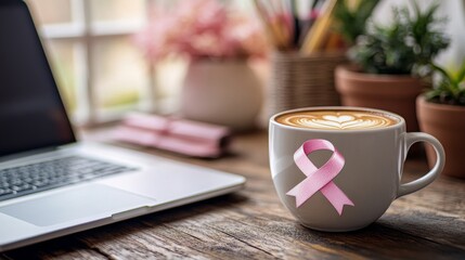 White coffee cup with pink ribbon design in modern workspace with a laptop on wooden desk. Pinktober