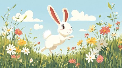 Fototapeta premium A cute white rabbit hops through a field of flowers.