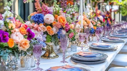 A table set for a wedding reception with a centerpiece of colorful flowers in a gold vase.