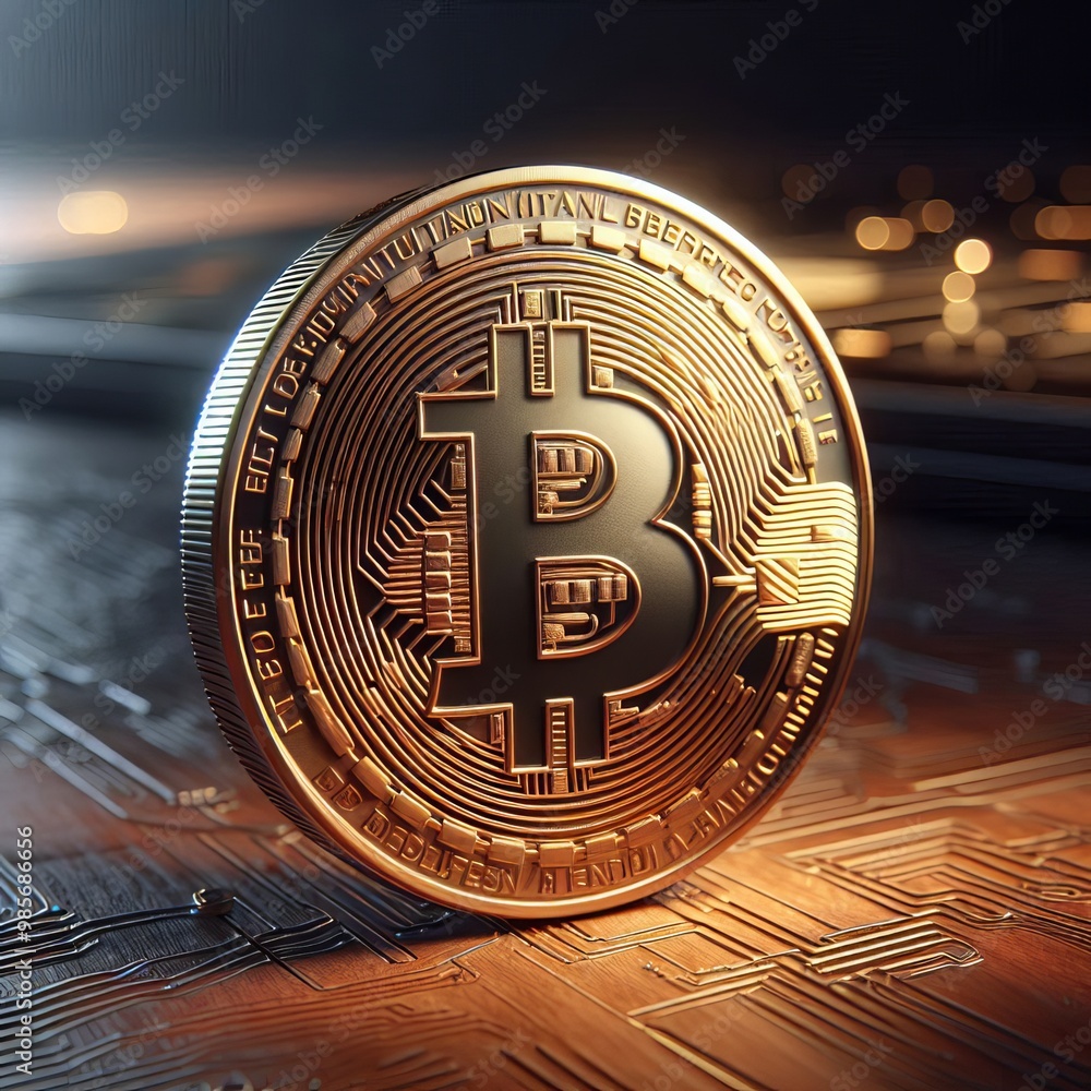 Poster a detailed close-up of a golden bitcoin placed on a digital circuit board, symbolizing the integrati