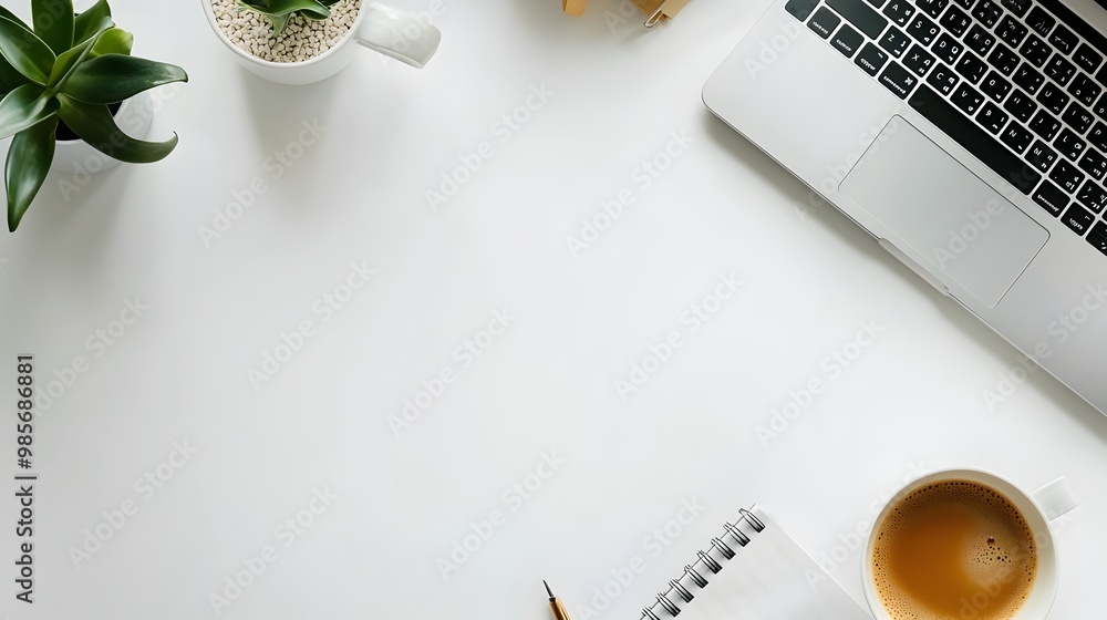 Poster minimalist laptop and notebook on workspace for productivity concept