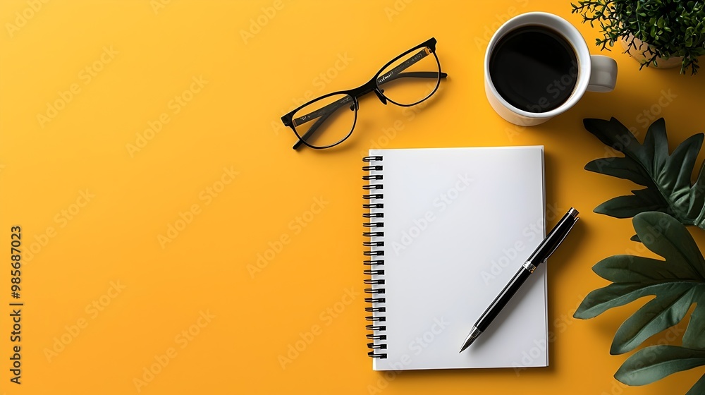 Poster elegant flat-lay of business notepad and pen with open copy space
