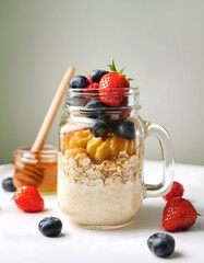 A glass jar filled with overnight oats, topped with fresh berries and a drizzle of honey