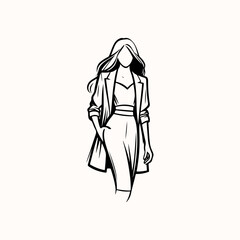 Beautiful young woman Vintage engraving vector illustration. Vintage retro engraving vector emblem, print, illustration. women fashion logo design. professional lady, women dress  line art logo.