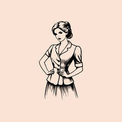 Beautiful young woman Vintage engraving vector illustration. Vintage retro engraving vector emblem, print, illustration. women fashion logo design. professional lady, women dress  line art logo.