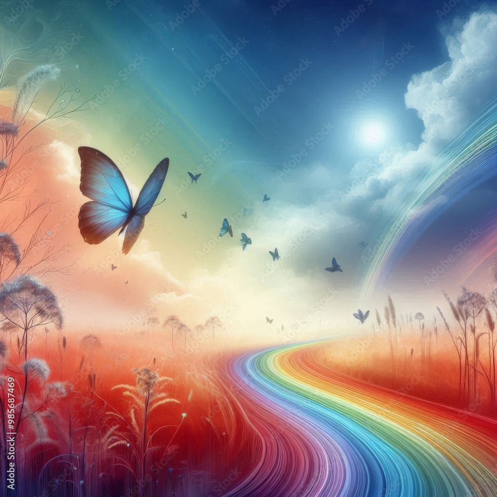 Poster a dreamlike scene featuring vivid colors and a rainbow path winding through a mystical field. butter