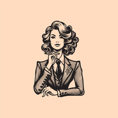 Beautiful young woman Vintage engraving vector illustration. Vintage retro engraving vector emblem, print, illustration. women fashion logo design. professional lady, women dress  line art logo.