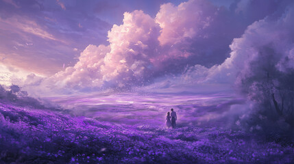 A couple is walking through a purple field. The sky is cloudy and the sun is setting. Scene is peaceful and romantic