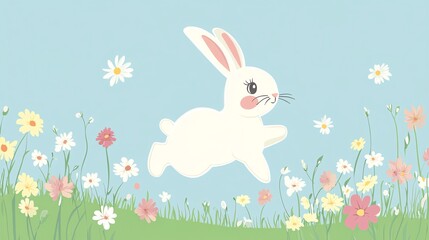 Cute cartoon rabbit hopping over a field of flowers.