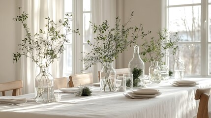 Simple and elegant Nordic minimalist Christmas table setup, white linen cloth, wooden accents, and sprigs of greenery in glass vases, soft daylight and clean aesthetic,