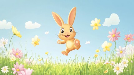 Fototapeta premium Cute bunny hopping in a meadow with colorful flowers.