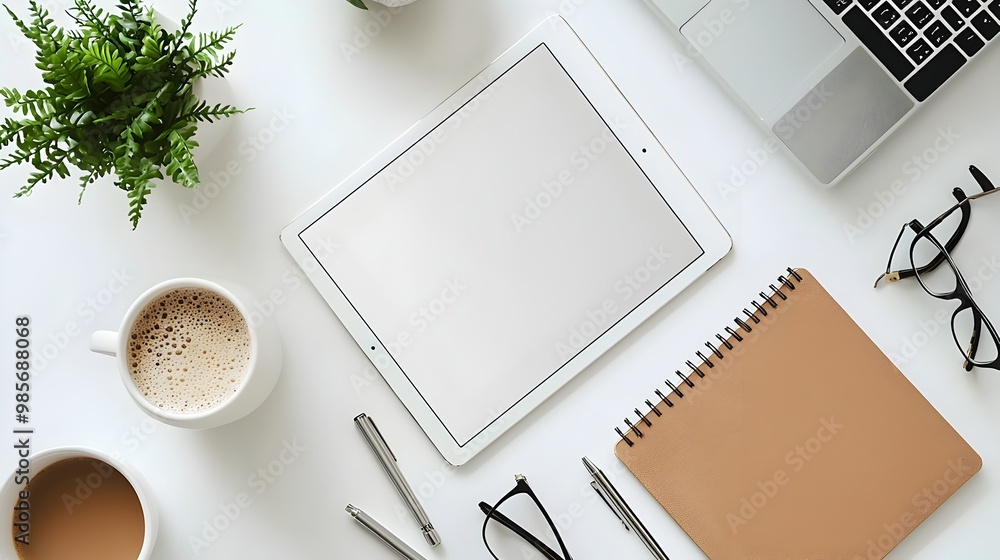 Aufkleber minimalist desk setup with tablet and open notebook,large blank space for digital business