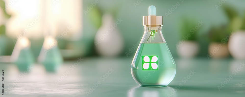 Sticker Green Dropper Bottle with Gold Cap on a Green Surface.