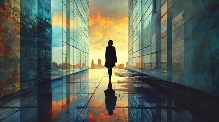Fototapeta premium A single woman walks down a city street at sunset. Her reflection is seen in the puddles.
