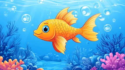 Naklejka premium Cartoon goldfish swimming in the ocean with bubbles and coral.