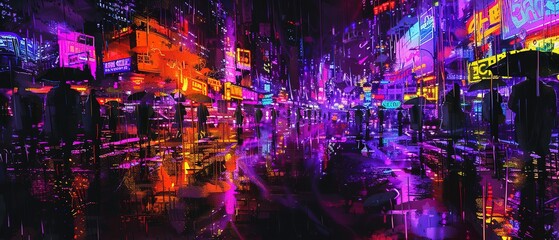 A city street with neon signs and a reflection of the city in the water