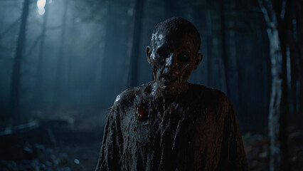 Blurry scary zombie man portrait with foggy forest background. Dark horror image design.