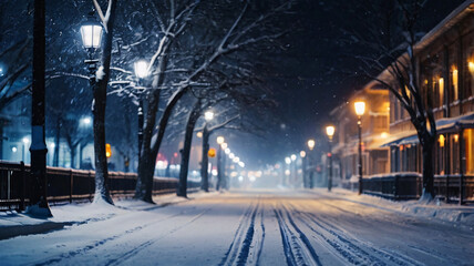 Low angle view of snowy old street in London winter night with blur snowfall town and streetlights.