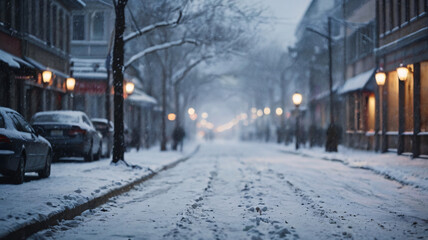 Low angle view of a European city street in winter with blur snowfall town background.