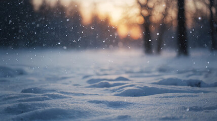 Close-up of snowfall on snowy floor in winter with blur sunset background - Seasonal design, background, banner & wallpaper