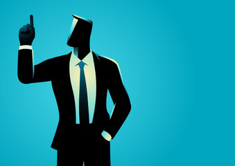 Businessman standing confidently with his left hand in his pocket and right hand pointing upward, symbolizing success, growth, and leadership